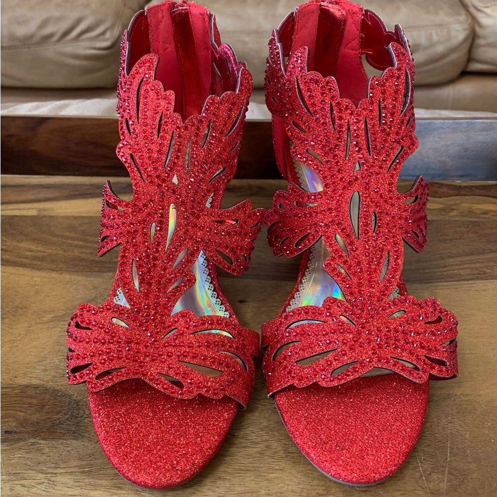 Red Rhinestone Open Toe Heels - Picture 2 of 6